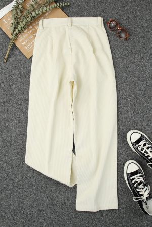 Light Beige Corduroy High Waist Straight Leg Pants, 100% Cotton