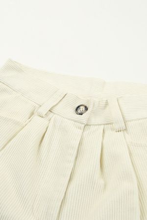 Light Beige Corduroy High Waist Straight Leg Pants, 100% Cotton