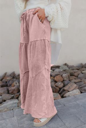 Women’s Light Pink Wide-Leg Pants with Drawstring and Pockets