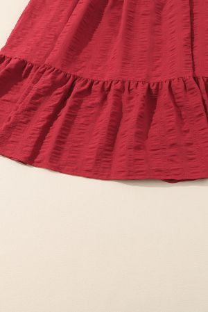 Fiery Red Lace-up Ruched Front Long Sleeve Ruffle Hem Plus Size Midi Dress
