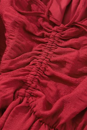Fiery Red Lace-up Ruched Front Long Sleeve Ruffle Hem Plus Size Midi Dress