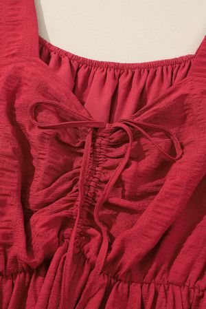 Fiery Red Lace-up Ruched Front Long Sleeve Ruffle Hem Plus Size Midi Dress