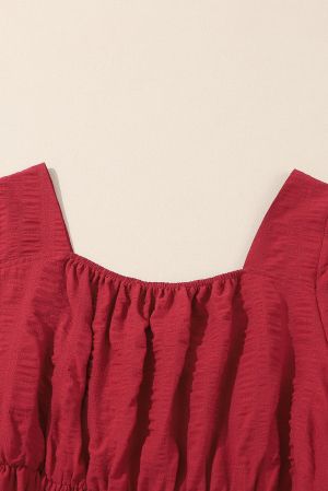 Fiery Red Lace-up Ruched Front Long Sleeve Ruffle Hem Plus Size Midi Dress