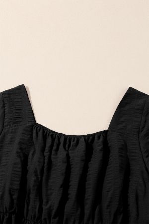 Black Lace-up Ruched Front Long Sleeve Ruffle Hem Plus Size Midi Dress