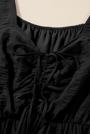 Black Lace-up Ruched Front Long Sleeve Ruffle Hem Plus Size Midi Dress