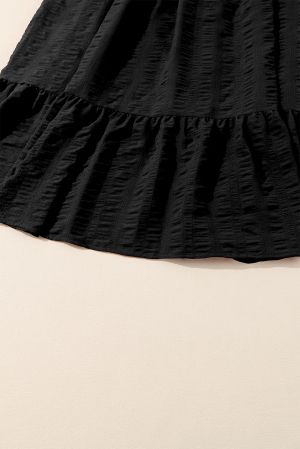 Black Lace-up Ruched Front Long Sleeve Ruffle Hem Plus Size Midi Dress
