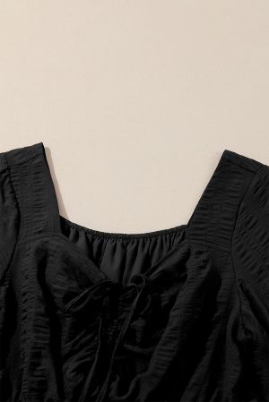 Black Lace-up Ruched Front Long Sleeve Ruffle Hem Plus Size Midi Dress
