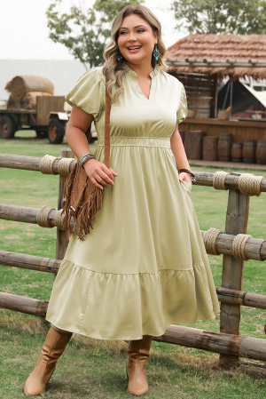 Green Dress with V-Neckline, Puff Sleeves, and Flowy Tiered Skirt