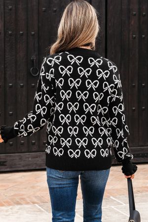 Women’s Black Sweater with Bow Pattern and Zipped Collar