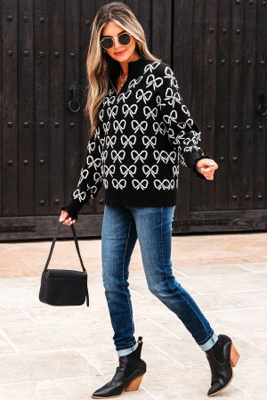 Women’s Black Sweater with Bow Pattern and Zipped Collar