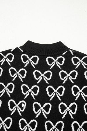 Women’s Black Sweater with Bow Pattern and Zipped Collar