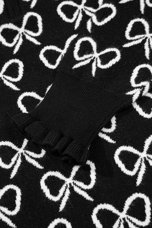 Women’s Black Sweater with Bow Pattern and Zipped Collar
