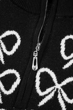 Women’s Black Sweater with Bow Pattern and Zipped Collar