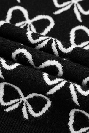 Women’s Black Sweater with Bow Pattern and Zipped Collar