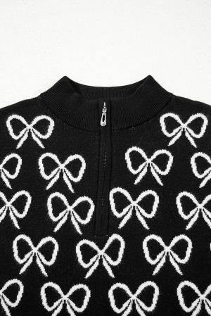 Women’s Black Sweater with Bow Pattern and Zipped Collar