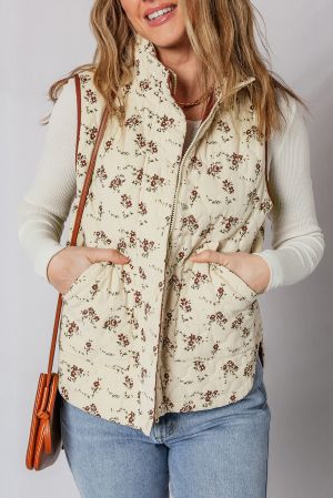 Women’s Floral Print Quilted Vest with Zipper