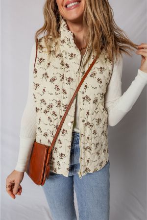 Women’s Floral Print Quilted Vest with Zipper