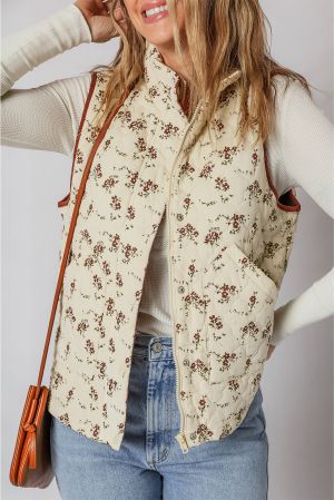 Women’s Floral Print Quilted Vest with Zipper