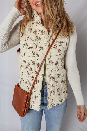 Women’s Floral Print Quilted Vest with Zipper