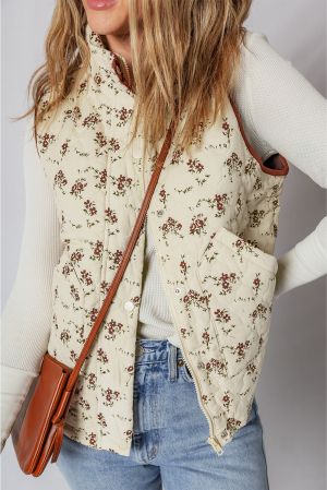 Women’s Floral Print Quilted Vest with Zipper