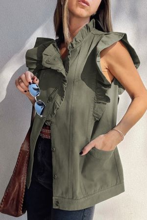 Women’s Green Ruffled Denim Jacket Vest