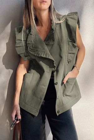 Women’s Green Ruffled Denim Jacket Vest