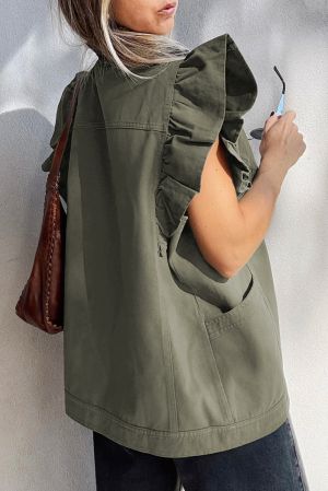Women’s Green Ruffled Denim Jacket Vest