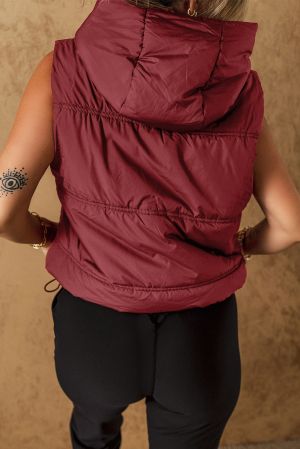 Women’s Burgundy Hooded Puffer Vest with Zip and Side Pockets