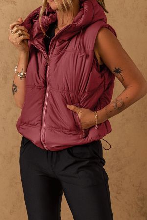 Women’s Burgundy Hooded Puffer Vest with Zip and Side Pockets