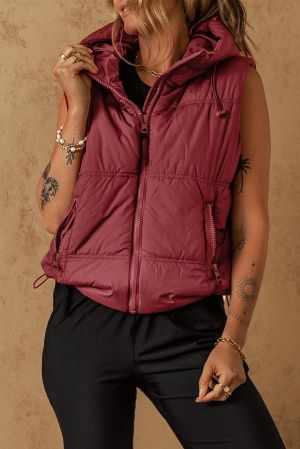 Women’s Burgundy Hooded Puffer Vest with Zip and Side Pockets