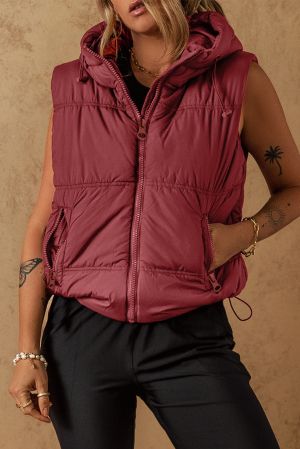 Women’s Burgundy Hooded Puffer Vest with Zip and Side Pockets