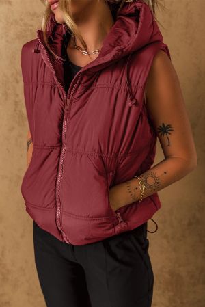 Women’s Burgundy Hooded Puffer Vest with Zip and Side Pockets