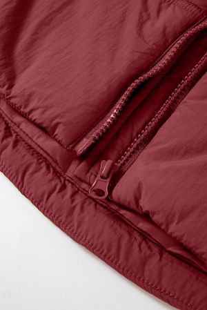 Women’s Burgundy Hooded Puffer Vest with Zip and Side Pockets