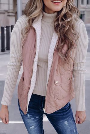 Women’s Reversible Vest with Quilted and Sherpa Sides in Pink and White