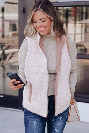 Women’s Reversible Vest with Quilted and Sherpa Sides in Pink and White