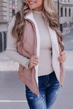 Women’s Reversible Vest with Quilted and Sherpa Sides in Pink and White