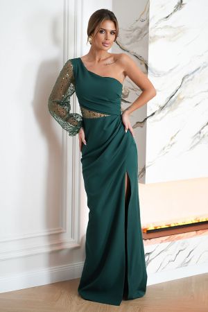 Dark Green Asymmetrical Dress with Sequin Sleeve and High Slit
