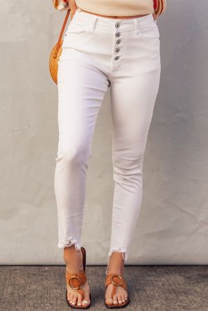 Women’s White High-Waist Button Front Frayed Hem Cropped Jeans