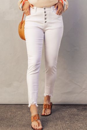Women’s White High-Waist Button Front Frayed Hem Cropped Jeans