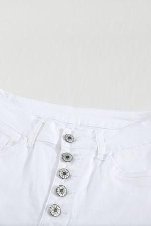 Women’s White High-Waist Button Front Frayed Hem Cropped Jeans