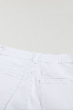 Women’s White High-Waist Button Front Frayed Hem Cropped Jeans