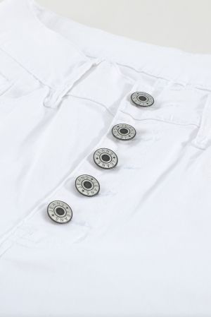 Women’s White High-Waist Button Front Frayed Hem Cropped Jeans