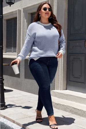 Plus Size Blue Stripe Rib Knit Sweater with White Contrast Trim