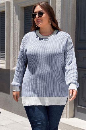 Plus Size Blue Stripe Rib Knit Sweater with White Contrast Trim