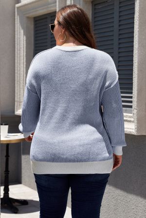Plus Size Blue Stripe Rib Knit Sweater with White Contrast Trim