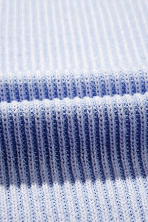 Plus Size Blue Stripe Rib Knit Sweater with White Contrast Trim