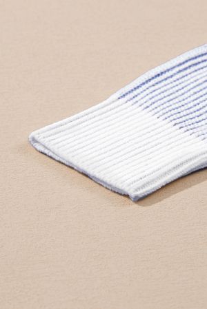 Plus Size Blue Stripe Rib Knit Sweater with White Contrast Trim