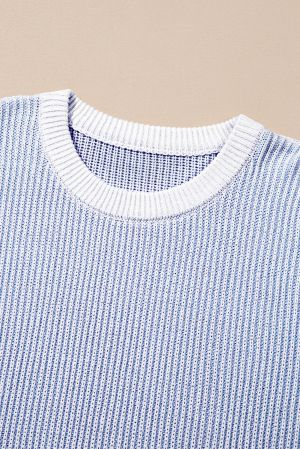 Plus Size Blue Stripe Rib Knit Sweater with White Contrast Trim
