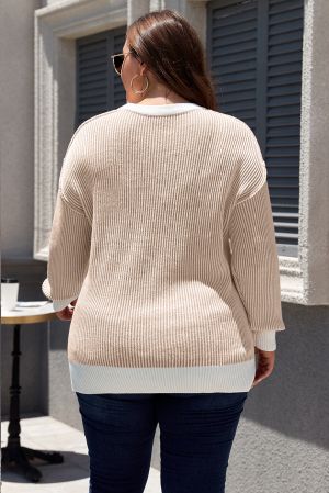 Plus Size Beige Stripe Rib Knit Sweater with White Contrast Trim