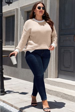 Plus Size Beige Stripe Rib Knit Sweater with White Contrast Trim